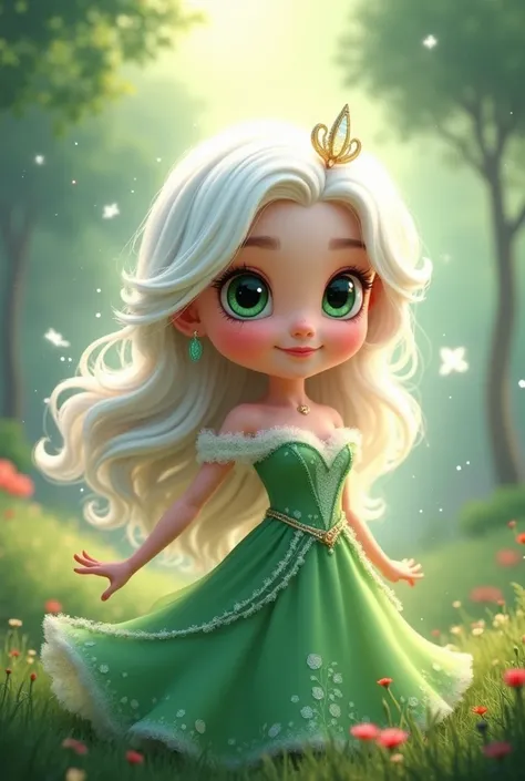 The princess is very pretty cartoon and has white hair and a green dress