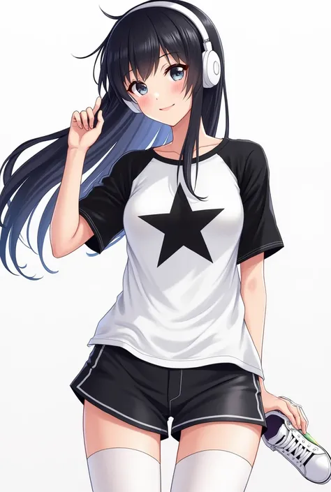 
Anime my character is a woman she has long straight black hair 
With white headphones he is wearing a white shirt with short black sleeves and a black star in the middle he has black shorts with white tights and black sneakers he has red cheeks
