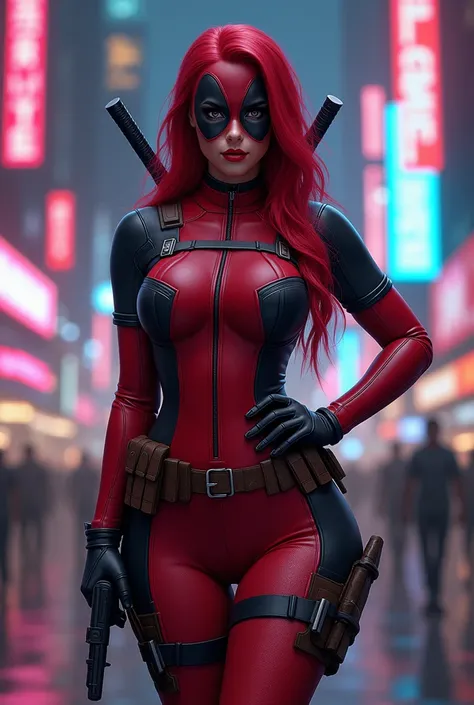 A charming curvy woman dressed as Deadpool hot .  full body . slender. Big ass thick thighs wide hips Big kick. in a cyberpunk city.  Without Mascara beautiful red hair curvy lashes big her friends mouth red angelic and sensual face. 