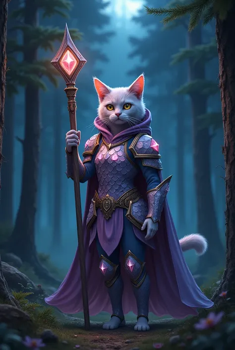 Adult lilac gray british shorthair humanoid female cat wearing growing crystal scale half plate armor , crystals scale skirt armor, crystals leg armor and purple gypsy hoodie long cloak holding flower wooden staff standing in pine forest at night