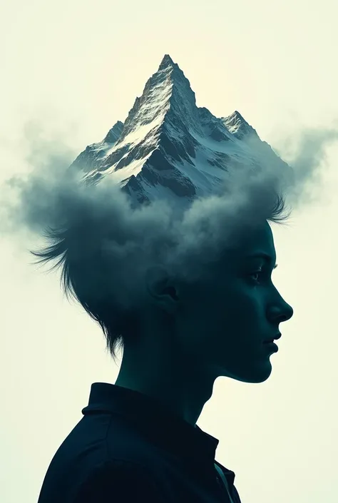 Generate an image of the silhouette of a head looking at a mountain that is on its forehead at a height of 600 meters
