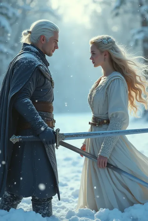 A handsome young man with white hair and an attractive young woman with blond hair, They stare at each other in the snow with swords in their hands 