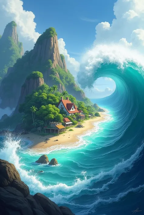 Tsunami waves that are on the way of going on an island make it a drawing fantasy not big waves but waves that are coming make sure the island shows the waves come from the right 