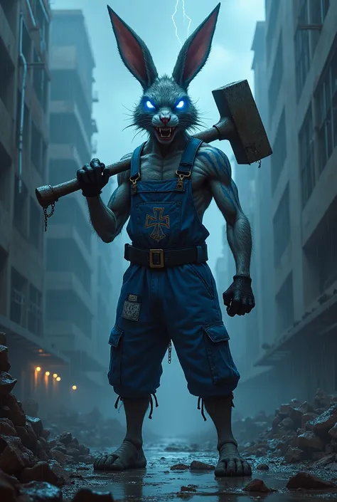 A dark villain inspired by El Conejo, the mascot of Club Deportivo Cruz Azul, set in a rainy and desolate urban landscape in Mexico City. The character appears as a sinister, anthropomorphic rabbit with a tall, thin figure and powerful limbs, giving him a ...