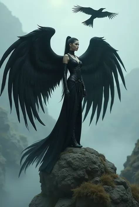  a woman in black leather outfit standing on a rock with a bird flying overhead, female vampire warrior, of a beautiful female knight, 4k fantasy art, beautiful female knight, gothic fantasy art, dark fantasy style art, dark fantasy character design, fanta...