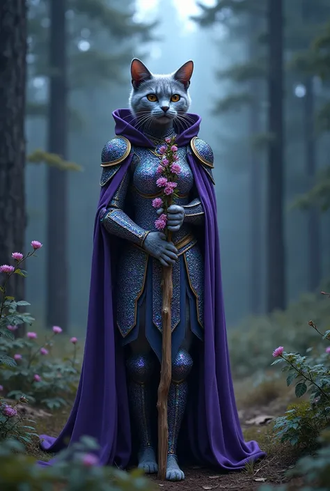 Adult lilac gray british shorthair humanoid female cat wearing growing multicolours crystal scale long chain mail dress armor , multicolours crystals scale chain mail skirt armor, multicolours crystals leg armor and purple gypsy hoodie long cloak holding b...