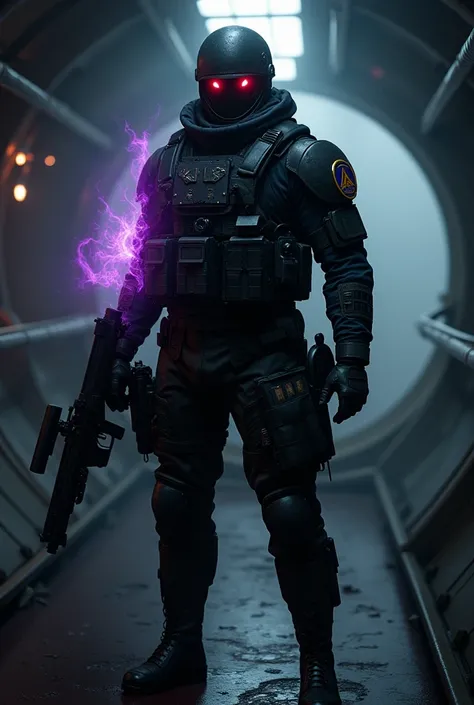 Soldier waiting in a special forces suit with a dark badge with red eyes and a dark aura coming out of his body with a magic weapon whose border is purple on his arm in a plane