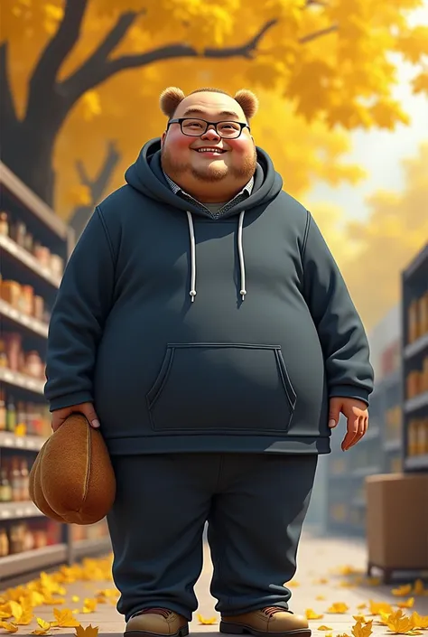    super high image quality   、、  Super Realism  、(((50 years old)))、((( Japanese)))、Bear figurine 、  obese body type、Stubble、  short hair、Glasses、smile、  dark blue pullover hoodie  、  I can see the inner check shirt from the collar、 Brown cotton bread  、 ...