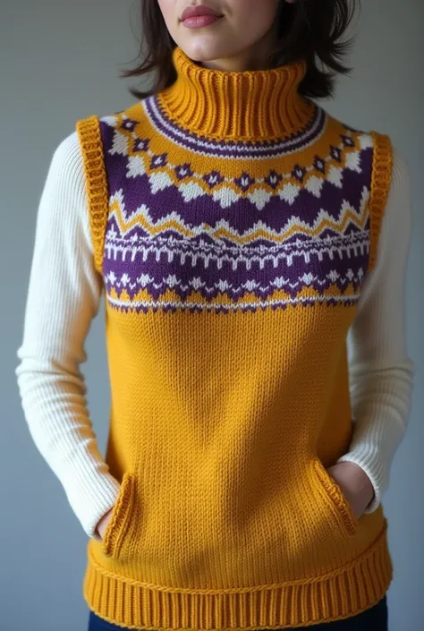 Un gilet tricoté main avec des motifs nordiques en haut, avec 6 couleurs dont du jaune et du mauve 