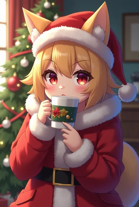 An adult furry wearing Christmas suits drinking anime-style coffee