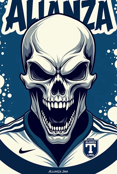 Design an image for a screen-printed polo shirt showing a screaming skull head,  very impressive fighting and giving its war cry to the air .  The image must be associated with the Alianza Lima soccer team , so there must be blue and white tones in the ima...