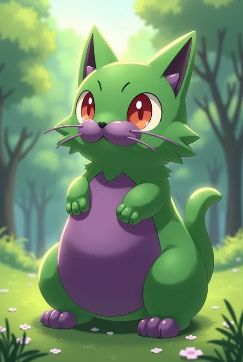 Now there was the initial plant-type Pokémon in its second evolution, being medium-sized, inspired by the god of wine, who is a cat and that his belly and mustaches are purple and that his body is still green and also that he is still tender