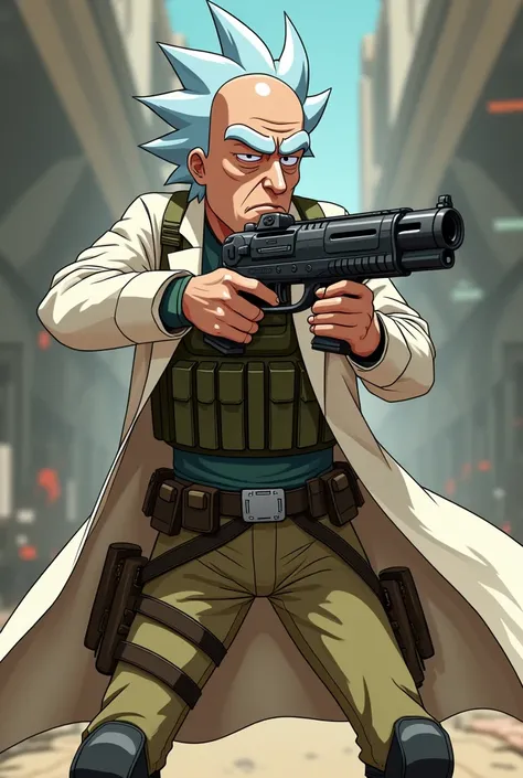 Rick Sanchez in a tactical military outfit with a lab coat over his white and bald hair using a cartoon Star Wars pistol
