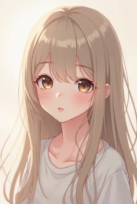 An anime-style girl with long hair with straight side bangs, white skin, brown eyes, round face 
