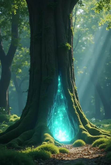 a magic light in front of half the height of a tree trunk