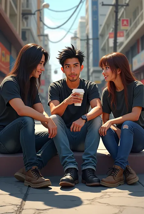 asian short haired metlahead with his 3 friends chatting sitting on the street pavement, he is looking to the camera, drinking coffee on a Styrofoam cup