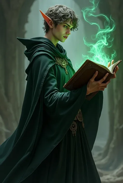 Create me a male wizard elf with short curly hair white emerald green eyes holding a magic book in his hand. She has a very dark and creepy black cape dress. 