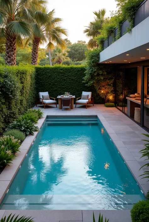 beautiful compact pool in a small garden with lights in the day next to a BBQ area 