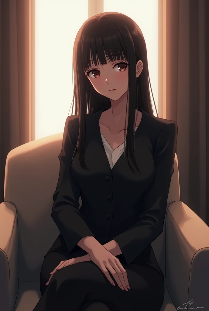  in anime style,  a calm and confident looking woman is sitting on a chair in an elegant environment.  She has straight black hair with fringe and wears a discreet black outfit .  Her expression is serene , with big eyes in the anime style ,  transmitting ...