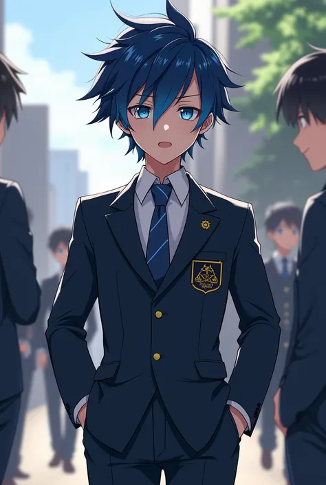 Serious boy with blue and black hair ,  uniform
Bright dark blue eyes, walking and talking
In the UA uniform