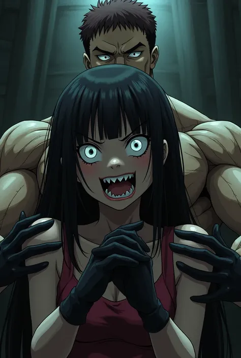 anime horror  junji ito masterpiece , antagonist  big muscular male , best quality, female villain, antagonist , gloves, solo, tongue, prison dark  background, light on smiling face ,  black gloves, tongue out, long hair, elbow gloves, bangs, puffy sleeves...