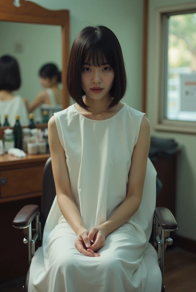 (Best Quality,4K,8k, Hi-Res,masterpiece:1.2), very detailed,(Realistic,photoRealistic,photo-Realistic:1.37),Japanese women in their 20s, full body、 sitting on a haircut chair 、Sitting with knees apart、 straight short bowl cut hair with texture、Shaved nape ...