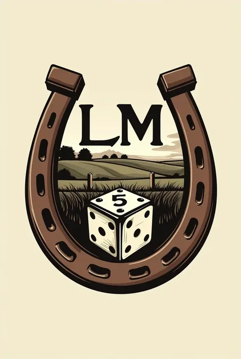  make a logo of a horse farm that includes a horseshoe, The acronym LM and a die for the face of 5 all inside the Horseshoe