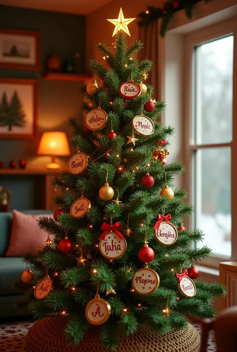  A Christmas tree on whose ornaments place the names:  Andelia ,  Melania ,  Tatiana ,  Yiscaury , Maldonado,  Jeanny , Katherine , Catalina,  Francisco , Eunice , maribel. Sarah, Raquel ,  Yolenny 