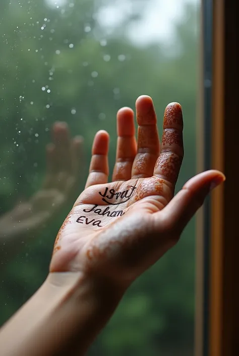 Hand image There will be a picture of a hand that looks like it is catching rainwater outside the window, the hand will be Bridel mehendied, the name of   Israt Jahan Eva will be written on the hand. 