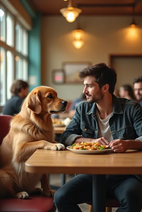 Photos of Cafeteria Aesthetic a young man with his golden dog eating but do it in humans as if it were a photo