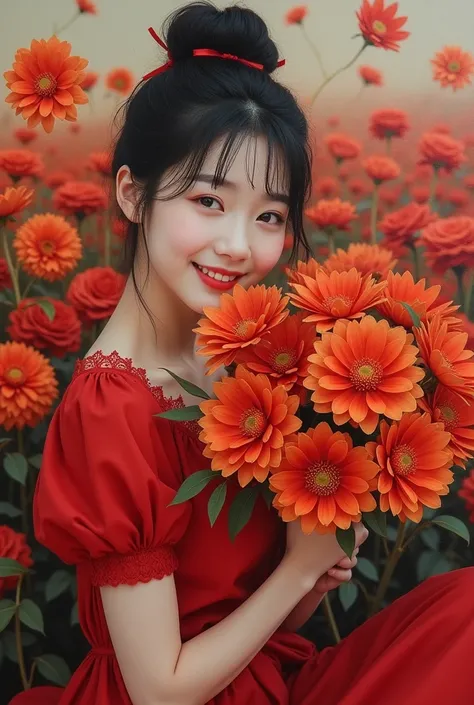 Photorealistic cinematic acrylic painting, with beautiful Korean women with smooth white skin and perfectly maintained faces, black hair bun up Korean style with bangs,eye accessories looking at the camera posing smiling holding a bunch of red orange dahli...