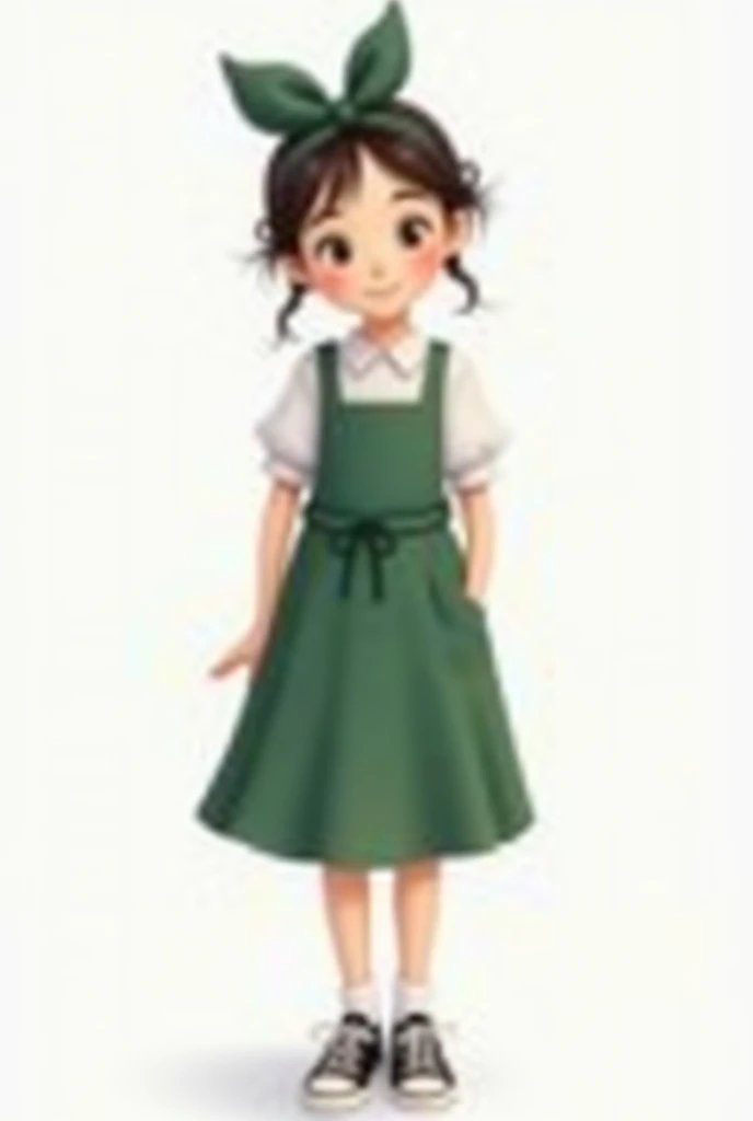 White background Disney girl with bow hairstyle wearing a green A-line green knee-length jumper skirt, white blouse ,   black sneakers