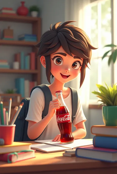 Create me an animated image of Someone who goes to study in the morning and then drinks a Coca-Cola and gives them energy to face the day