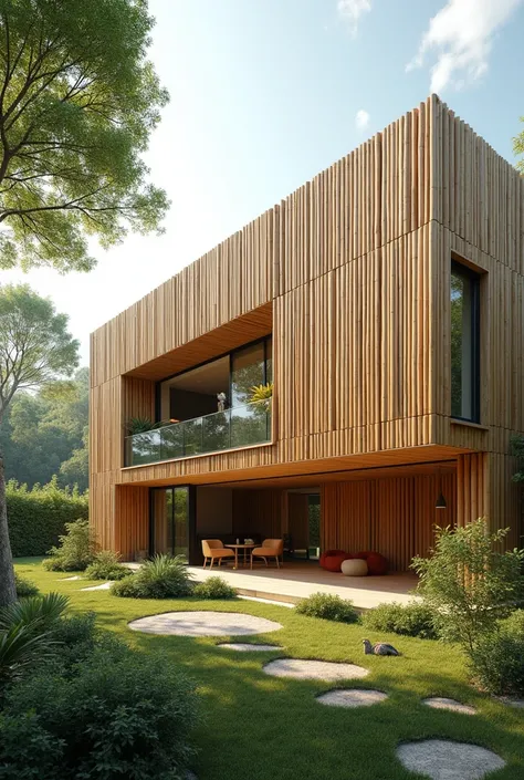 modern house,  made from ecological materials ,  like bamboo blocks , wall ,  and that has ventilation and natural lighting
