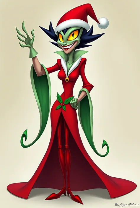  Yzma dressed like Christmas but without altering the cartoon style, Wicked and with her hand raised Disney   
