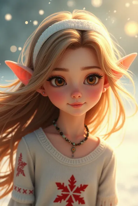 Dessin animé portrait elf fille avec serre tête blanc, pull blanc avec flocon rouge, fond lumineux ,  yeux marrons. Bracelet sur le haut du bras.Cheveux long dans le vent 