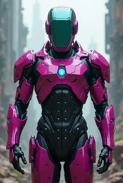  Powerful warrior with fuchsia robotic armor and metallic green, fuchsia square helmet and ominous luminescent blue face .  Black arms and gloves that release energy . Victorious pose .  In the background an alien city . 