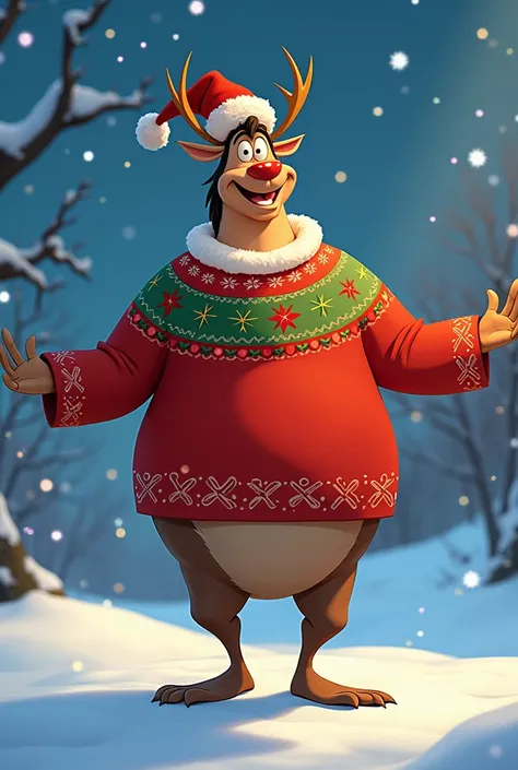 Kronk from the new Disney emperor dressed for Christmas but without altering the Disney cartoon style  
