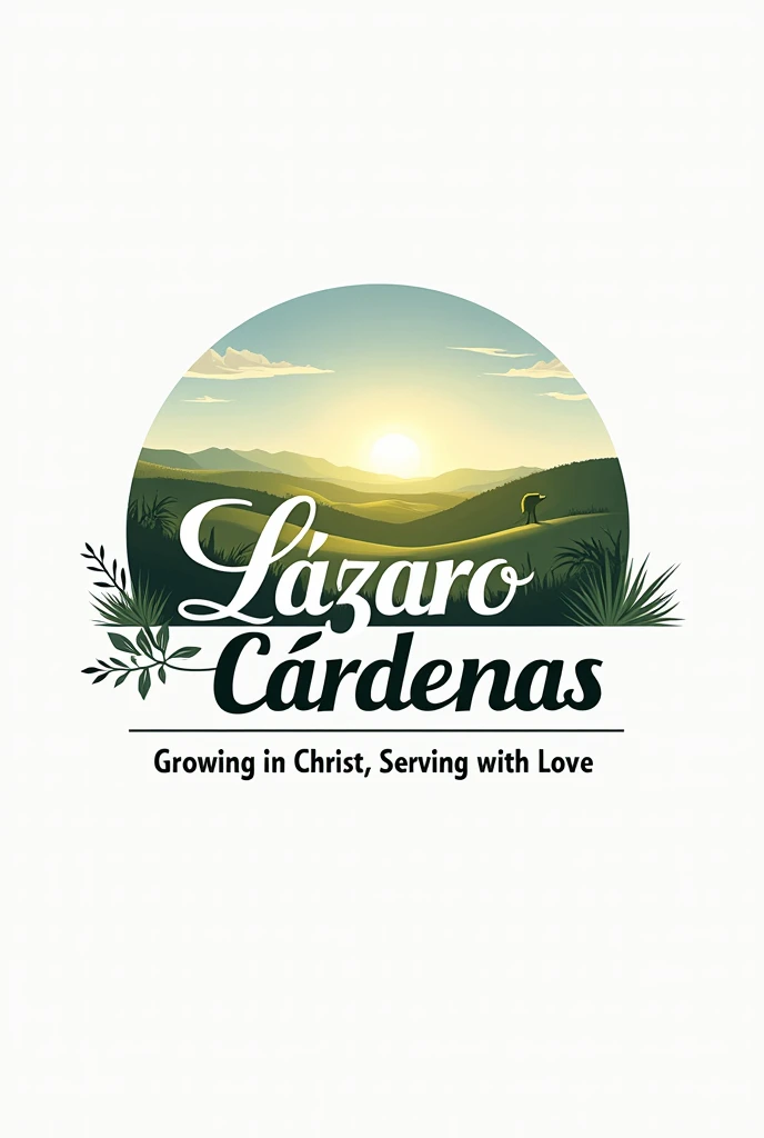 Generate or create a round Adventist logo with beautiful landscape, simple logo type but drawing type with the name "LÁZARO CÁRDENAS "  in capital letters and below the phrase  " growing in Christ , serving with love ". All in Spanish.