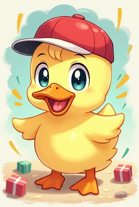 Create a duck with a red cap in an anime style 