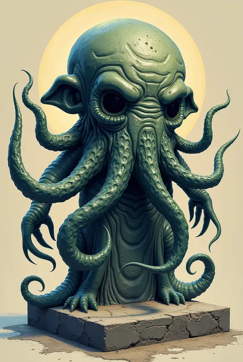 Cthulhu statuette with a malevolent and strange aura , anthropomorphic,  on a rectangular block in a pointillism technique drawing