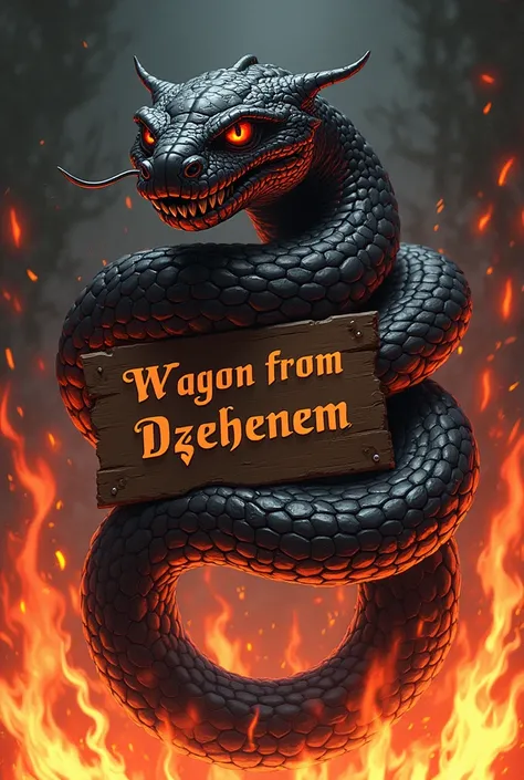 I want snake on the sticker around fire and text should be written WAGON FROM DZEHENEM
Snake should be scary and anime