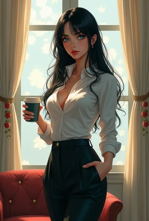 Do it for me, REALISTIC ART, Manhwa Americana , woman, adult, Madura, slender body,  long straight black hair , sapphire blue eyes, enigmatic look,  striking and attractive features ,  attractive, velvety lips , Elegant air ,  wearing a long dress shirt, p...