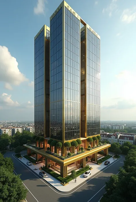  Modern apartment building with glass façade and gold details,  You can add an entrance platform with gardens on the ground floor  ? You can remove the landscape where and put houses  ?