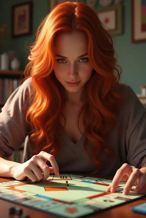 Woman with redhead long hair plays Monopoly 