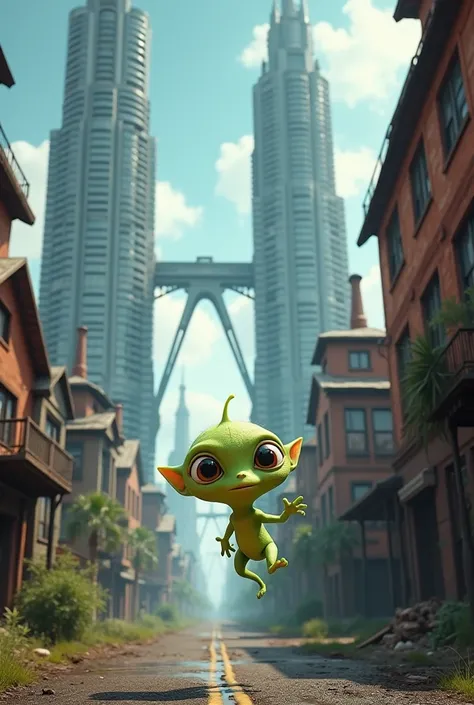  a tiny alien with bright green skin and big curious eyes , descend from his ship in an urban landscape . To the left,  modern and resplendent skyscrapers rise into the sky ,  while on the right ,  dilapidated houses and shabby factories contrast strongly ...