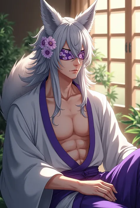 (photorealism:1.2), handsome man, sitting outside, wearing loose off-shoulder kimono, white and purple kimono, long curly hair, long silver hair, outdoors, soft lighting, plants in background, window with sunlight, relaxed pose, realistic, anime, intricate...