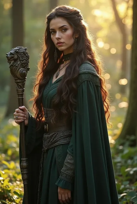 female mage, she looks like Lyanna Stark according to the description of the books realistic appearance, brown hair, magic staff