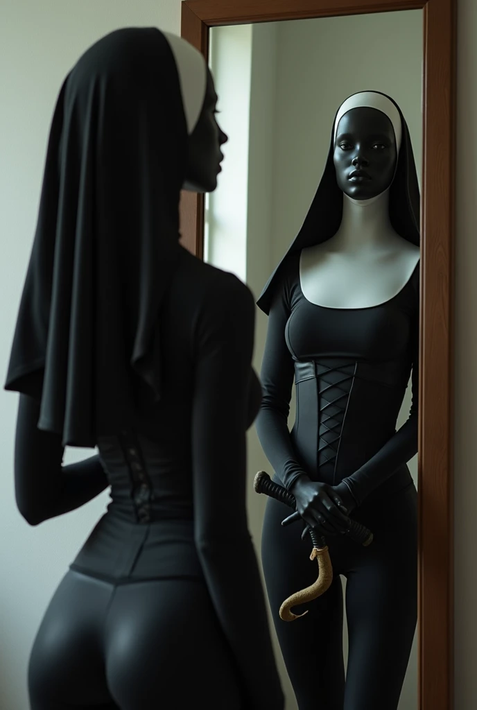 A very thin, sexy nun in a steel collar. His back is turned. She is wearing a smooth black latex mask without a face. No face. No eyes, no mouth. An empty, smooth, shiny face. She is wearing a black latex, a tight leather corset, black leather high-heeled ...