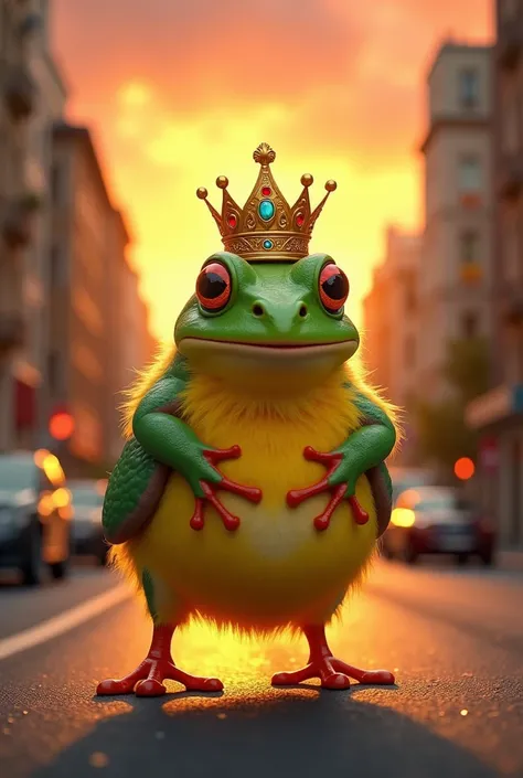 A frog with a crown riding a yellow chick on the street with the sunset in the background,  text.